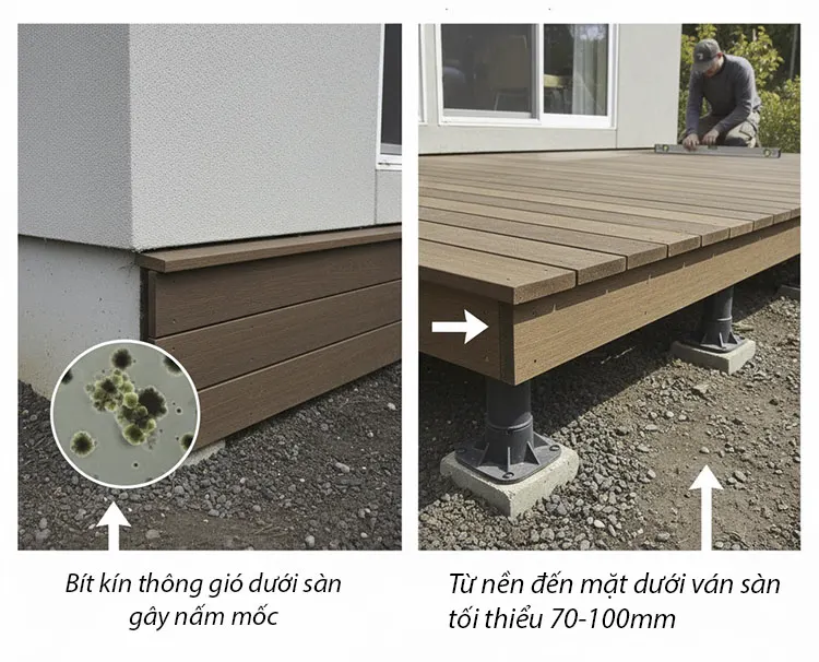 Khoảng cách từ nền đến mặt dưới ván sàn tối thiểu 70-100mm