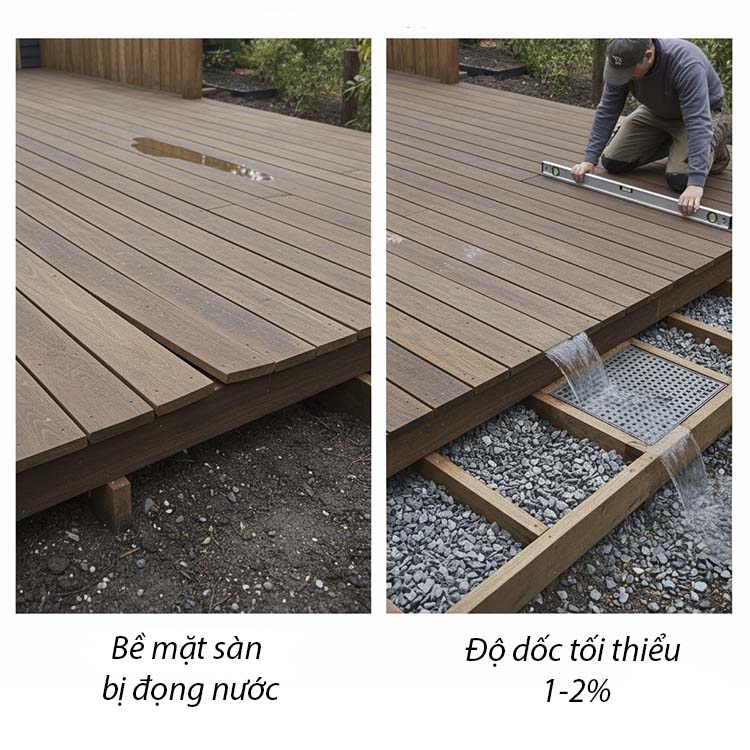 Độ dốc tối thiểu 1-2% hướng về điểm thoát nước