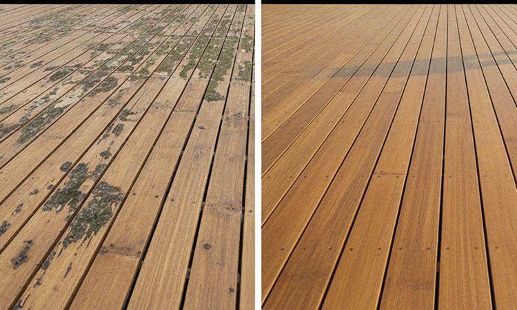 Dùng sơn Pu có thể khiến bề mặt giữ ẩm, dễ hình thành nấm mốc (ảnh trái). Dùng dầu thẩm thấu cho kết quả bảo vệ vượt trội hơn (ảnh phải)